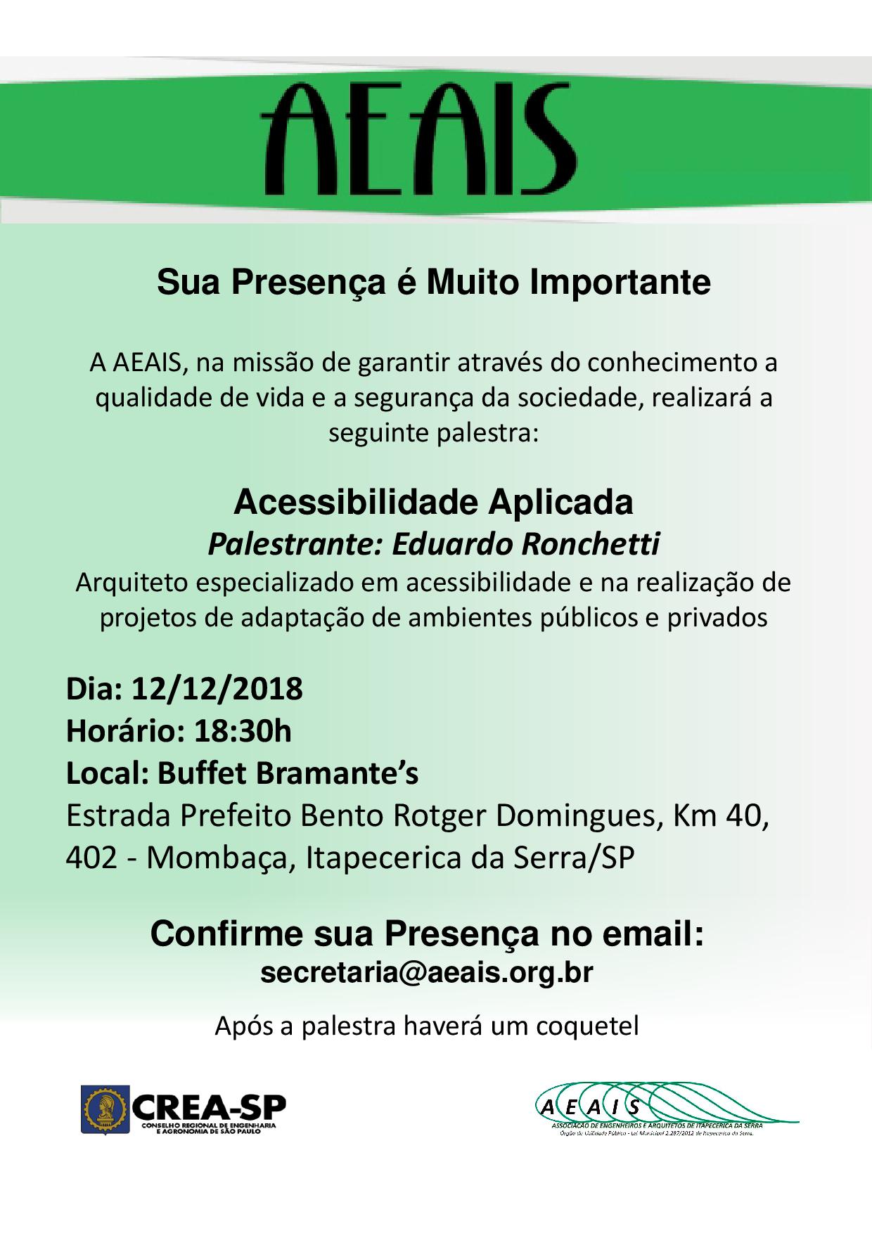 Reserve sua Agenda 12/12 as 18:30hs: Palestra Acessibilidade Aplicada – Arq. Eduardo Ronchetti – Contamos com sua Presença!