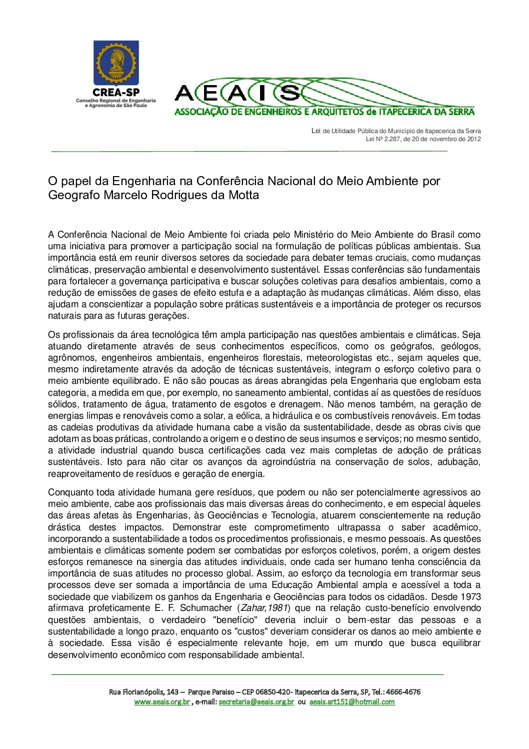 O papel da Engenharia na Conferência Nacional do Meio Ambiente por