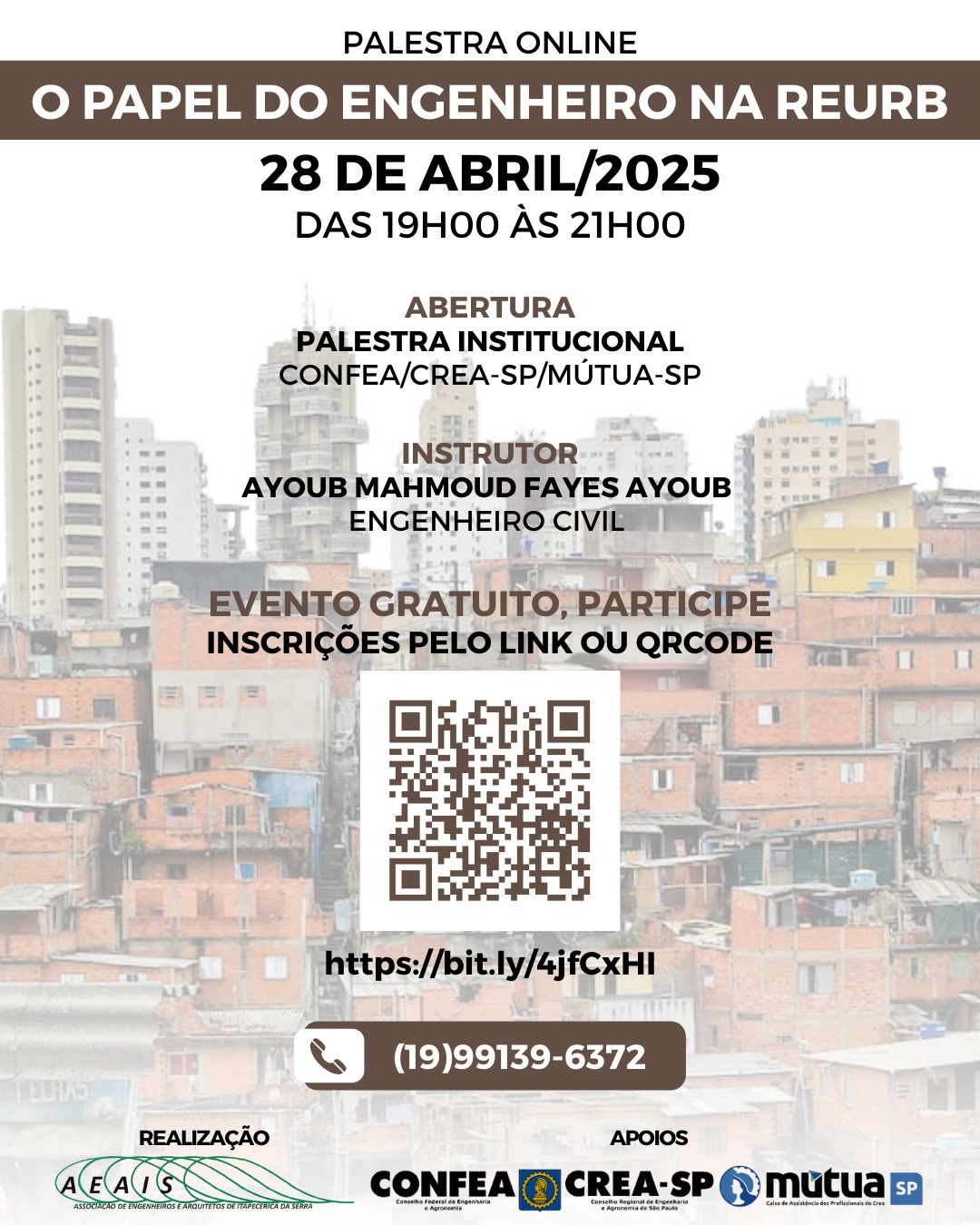 Palestra online gratuita em parceria com o Crea-SP, apresentada pelo Engenheiro Civil Ayoub Mahmoud Fayes: