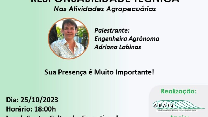 Palestra dia 25/10 as 18:00 sobre Responsabilidade Técnica nas atividades do Agronegocio! Imperdivel!