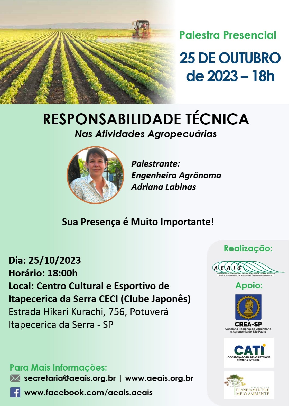 Palestra dia 25/10 as 18:00 sobre Responsabilidade Técnica nas atividades do Agronegocio! Imperdivel!